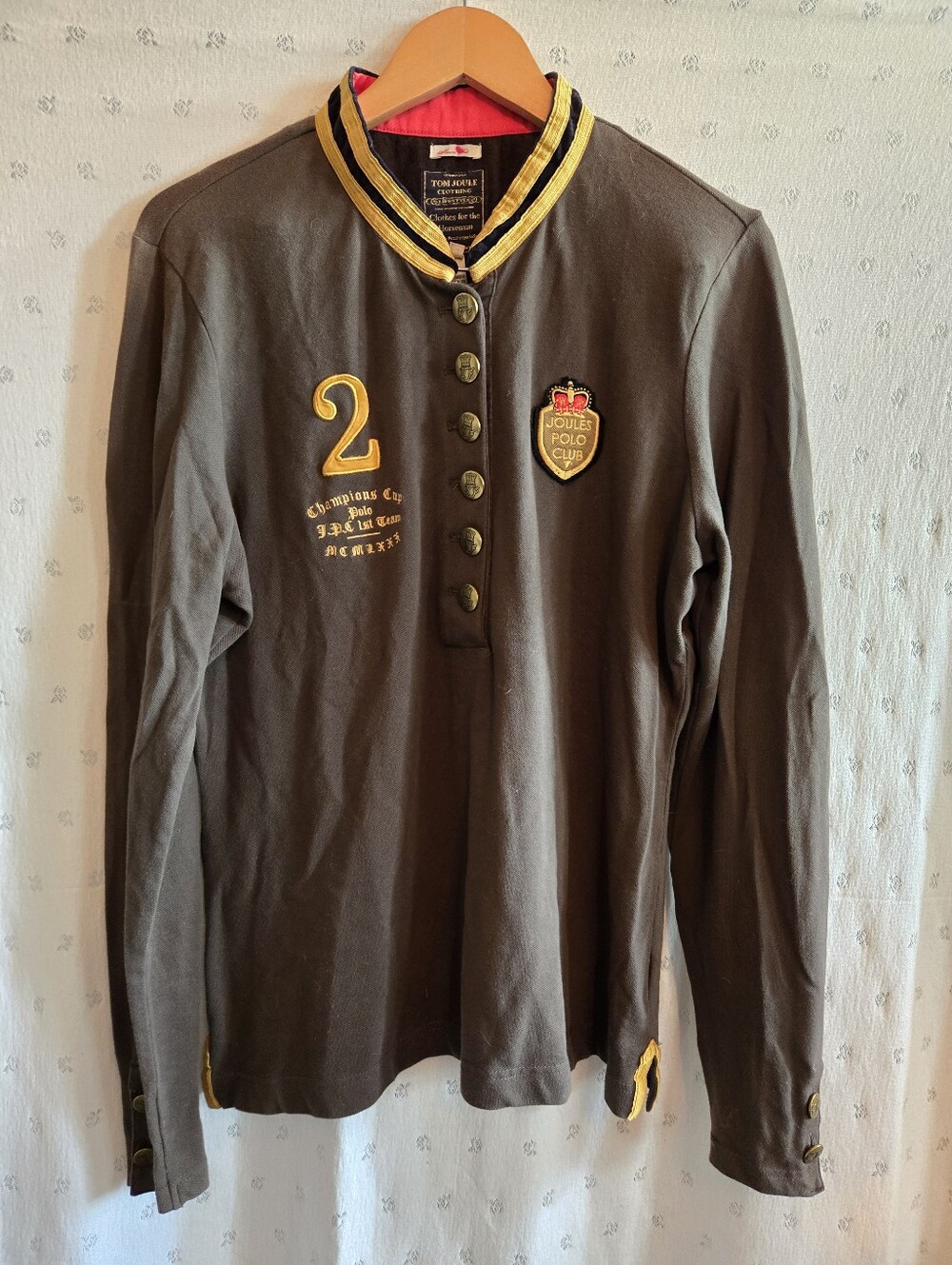 Joules Brown Long-Sleeve Polo Champions Cup  with Gold Trim Size 14